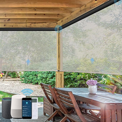 Motorized Outdoor Roller Shades,Patio Roll Up Blind Work with Alexa,Google Home,Apple Homekit,Remote Control Sun Shade,Waterproof &Windproof Smart Blinds for Porch,Sirus Beige,3% openess