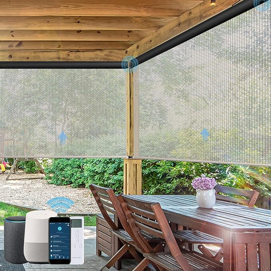 Motorized Outdoor Roller Shades,Patio Roll Up Blind Work with Alexa,Google Home,Apple Homekit,Remote Control Sun Shade,Waterproof &Windproof Smart Blinds for Porch,Sirus Beige,3% openess