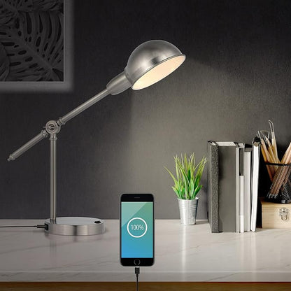 JONATHAN Y Curtis Task Lamp 20.25" Industrial Metal Adjustable USB, Nickel | Vintage Style, Dome Shade, LED Bulb Included, Perfect For Home Office Or Nightstand