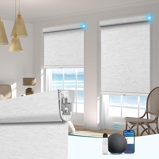 BERISSA Smart Motorized Blinds with Remote,No Drill Automatic Roller Blinds for Indoor Windows,Blackout Jacquard Fabric,Electric Shades for Windows Home Office,Jacquard Black White,Custom Size