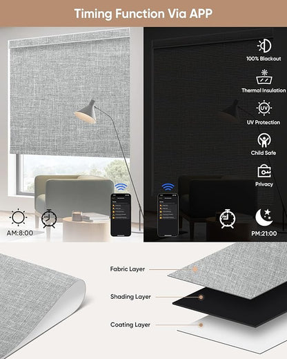 Motorized Blinds with Remote: Kincmo 100% Blackout Roller Shades Work with Apple Homekit,Alexa,Google Home, Customized Electric Blinds with App,Voice Control (100% Blackout Meridian Grey)