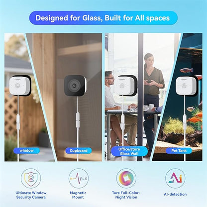 Magnetic Window Camera, Window Security Camera with Night Vision, 3MP 2K Indoor Camera for Home Security, OpenAI GPT Enabled, 24/7 Recording, Person/Vehicle Detection, White