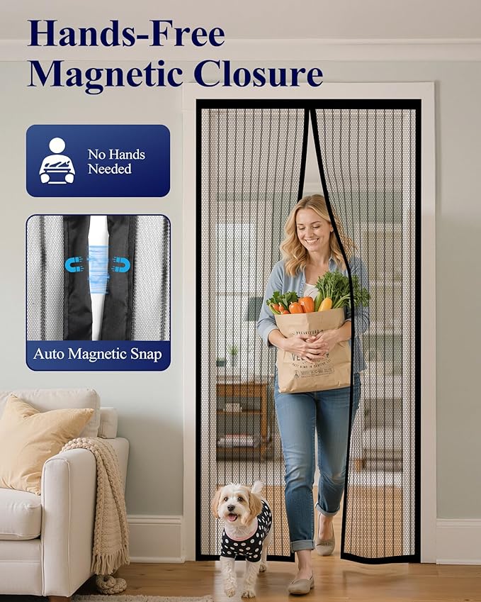 Kitsure Magnetic Screen Door - 38.0 x 82.0 in Retractable Screen Door Mesh for Front Door or Sliding Door, Pet & Kid Friendly, Hands-Free Closure Keeps Bugs Out & Lets Breeze in, Stripe Black