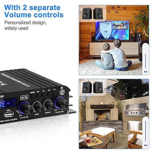 Audio Power Amplifier for Home Speakers -S-299 Bluetooth 5.0 Power Amp 4.1 Channel RMS 40Wx4 Subwoofer AMP DC 12V/5A Mini Integrated Digital Amplifier with USB/SD & AUX Jack