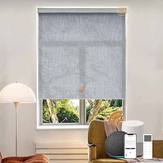 Motorized Light Filtering Roller Shades with Remote Control, Electric Smart Shades Compatible with Alexa and Google, Rechargeable, Customizable Size(Textured Bluish Grey)