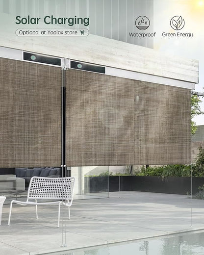Yoolax Customized Motorized Outdoor Shades, Smart Blinds Compatible with Alexa Google, Remote Control Waterproof Blinds for Patio Porch Windows Outside (5% Openness Minty Oat Latte)