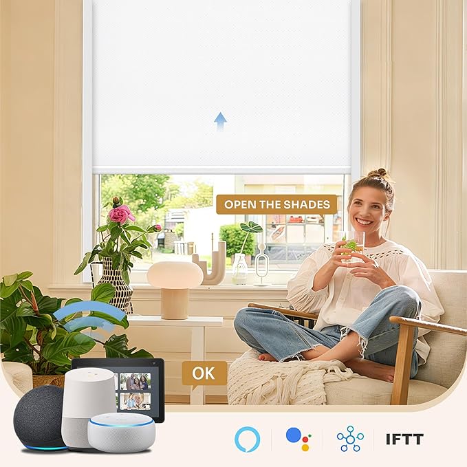 Grandekor No-Drill No Tools Motorized Blinds with Remote | Electric Blackout Smart Roller Shade/APP/Voice Control-for Home Office, Living Room, Customize Color Size
