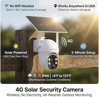 Wireless Surveillance Camera for Outdoor: US-Wide 4G Coverage No WiFi Needed Non-Stop Solar Power - 5-Min Setup All Weather Guardian for Rural Farm Ranch Barn Job Site Cabin RV