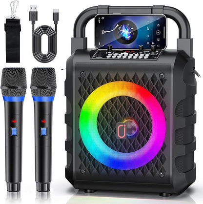 JYX Karaoke Machine with 2 Wireless Microphones, Portable Bluetooth 5.3 Karaoke Speaker with 6.5"Subwoofer for Adults, PA System Speaker with LED Lights Support REC/USB/AUX/TF for Outdoors Home Party