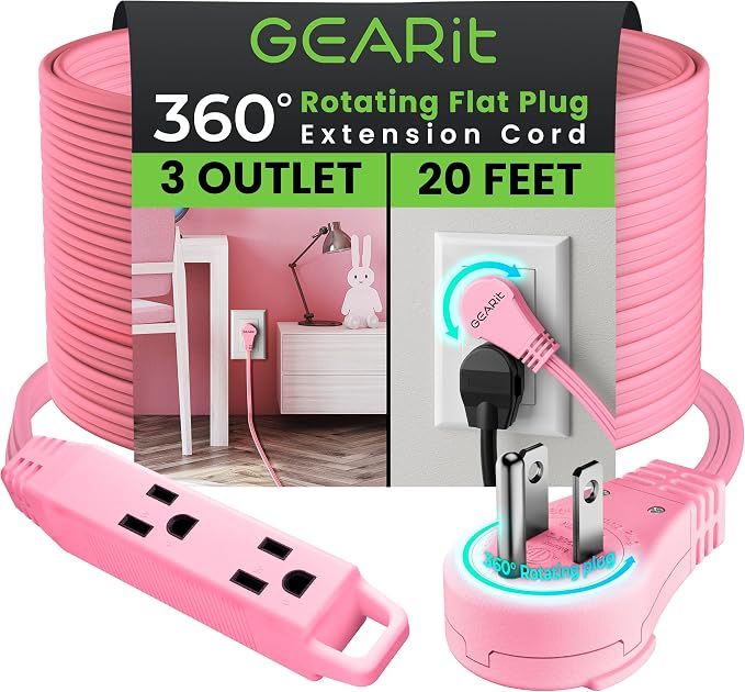 GEARit 20 ft 360° Rotating Flat Plug Extension Cord, 3 Outlet Low Profile Power Cord, 16 AWG 13A 3 Prong Grounded Indoor Cord, ETL Listed, Space-Saving for Furniture, Pink