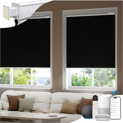 No Drill Motorized Cellular Shades, Cordless Blackout Honeycomb Blinds for Windows, Smart Automatic Blinds Compatible with Alexa/Google Home/Smarthings, Black