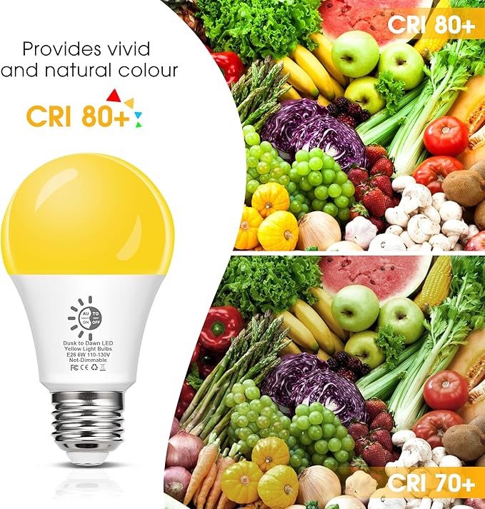 Flaspar Dusk to Dawn LED Yellow Bug Light Bulbs Outdoor, A19 6W Bug Lights for Outside, 40W Equivalent, Non-Attracting, E26 Base, Ideal for Photocell Sensor Porch Patio, Deck, Backyard, 2 Pack