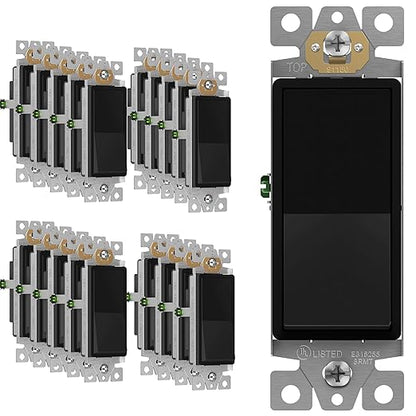 ENERLITES Matte Black Light Switch, Decorator Paddle Rocker Wall Switch, Single Pole, 3 Wire, Grounding Screw, Residential Grade, 15A 120V/277V, UL Listed, 91150-MBK20P (20 Pack)
