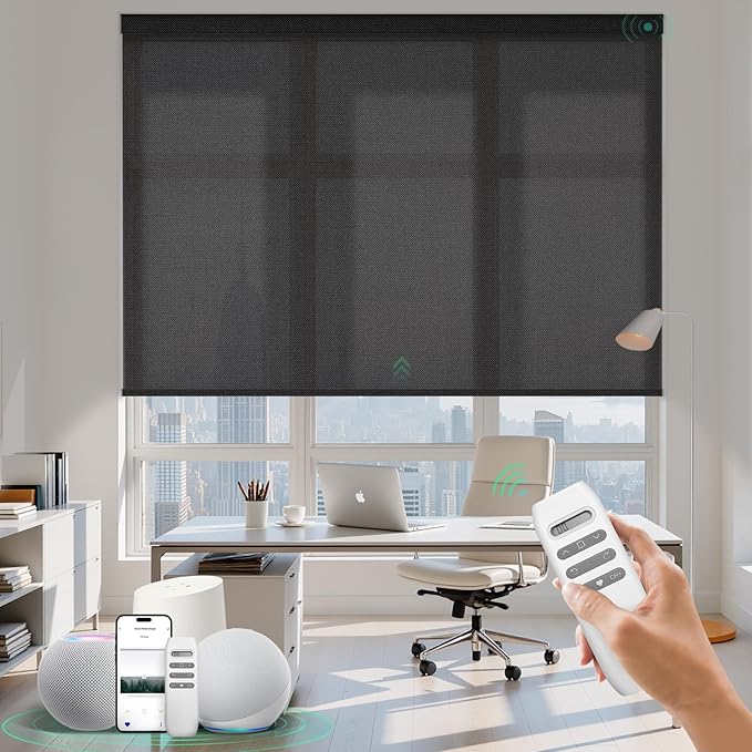 HeyBlinds Motorized Solar Shades with Remote, Light Filtering Mesh Roller Shades, Flame Retardant Smart Blinds, UV Blocking, Alexa Google HomeKit Compatible, Custom Size (Plain Black-5% Openness)