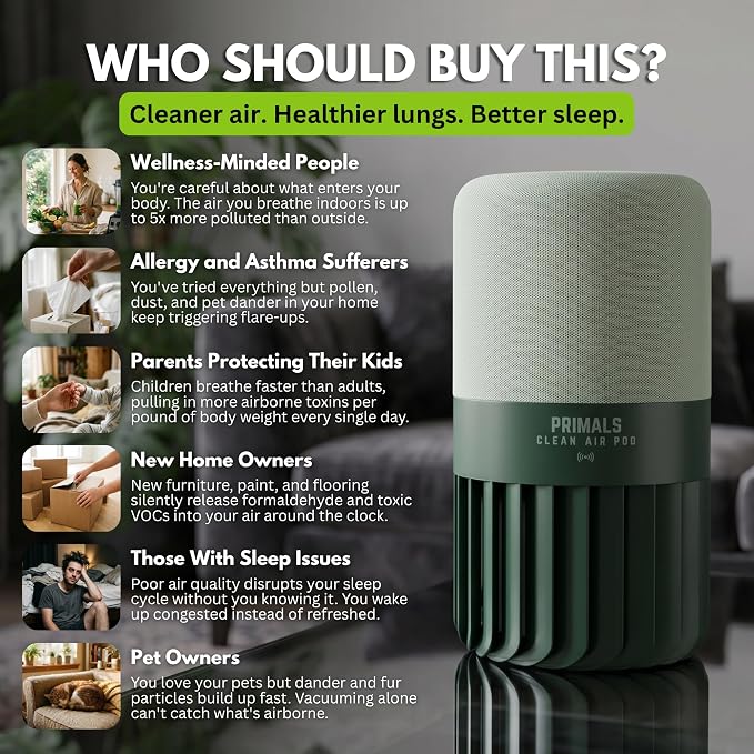 PRIMALS Clean Air Pod - H13 True HEPA + Activated Carbon Air Purifier for Home - Covers Up to 800 Ft² - For Bedrooms, Kitchens, Bathrooms, Offices - Ultra Quiet & Portable