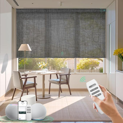 HeyBlinds Motorized Solar Shades with Remote, Light Filtering Mesh Roller Shades, Flame Retardant Smart Blinds, UV Blocking, Alexa Google HomeKit Compatible, Custom Size (Charcoal Grid-5% Openness)