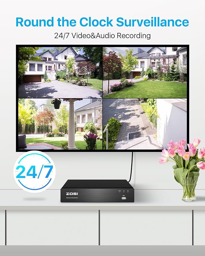 ZOSI 5MP PoE Security Camera System, Outdoor Video Surveillance System with 8-Channel 2TB HDD NVR, 4 x 5MP Outdoor PoE Bullet Cameras, Person Detection, Spotlight, Color Night Vision