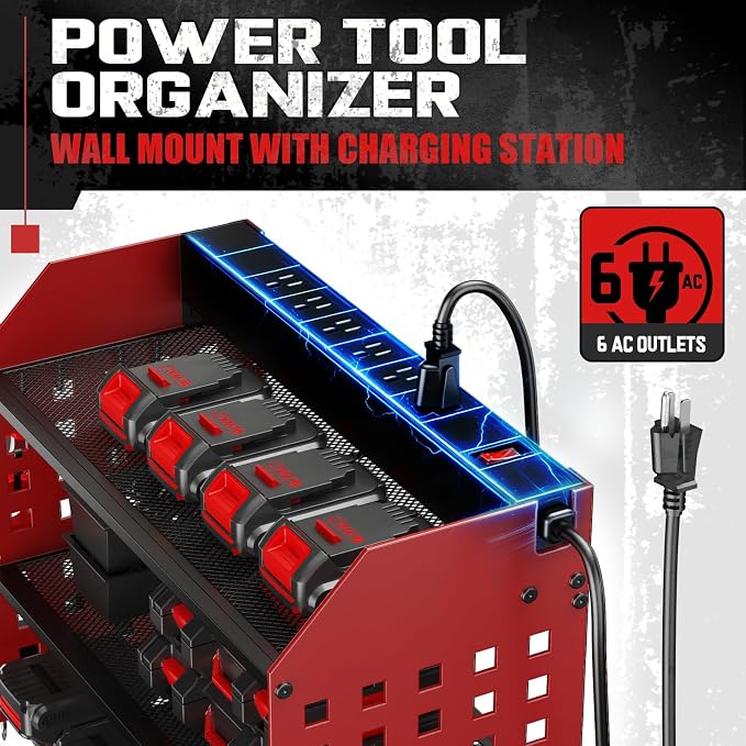 SPACECARE Power Tool Organizer with 6 Outlets, 3-Layer Heavy Duty Wall Mount Drill Storage Rack, Cordless Tool Charging Station with Utility Shelf, Garage Organization and Storage for Workshop- Red