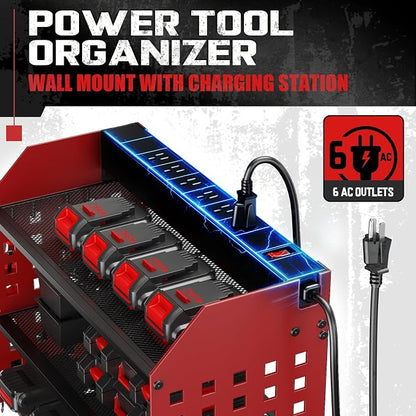SPACECARE Power Tool Organizer with 6 Outlets, 3-Layer Heavy Duty Wall Mount Drill Storage Rack, Cordless Tool Charging Station with Utility Shelf, Garage Organization and Storage for Workshop- Red