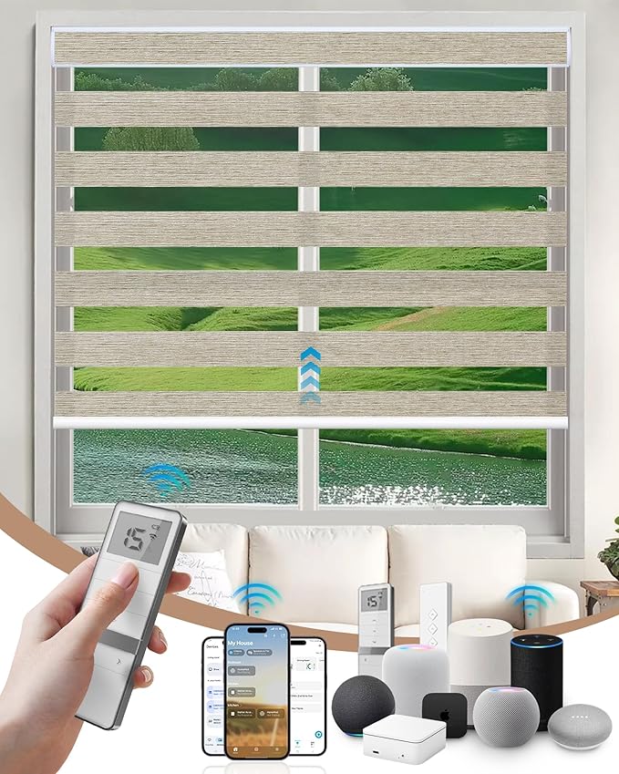 Kincmo Motorized Blinds with Remote, Motorized Zebra Shades Work with Apple Homekit,Alexa,Google Home, Customized Electric Blinds with Remote,App,Voice Control (60% Blackout Monet Stone)