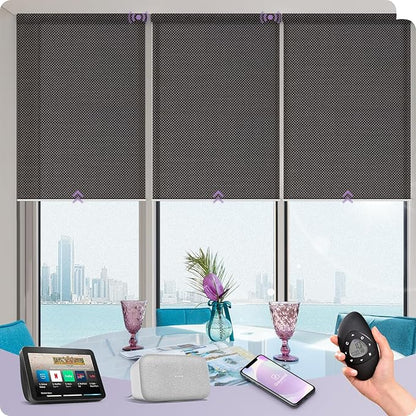 Graywind Motorized Solar Shades Light Filtering Mesh Shade Compatible with Alexa Google Remote Control Window Blinds with Valance for Smart Home Office Business, Custom Size (5% Openness Rock Black)