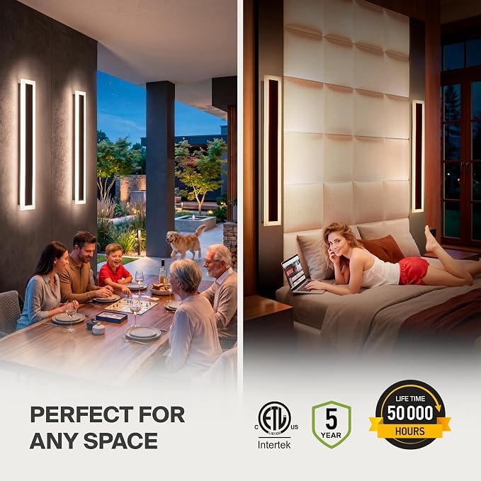 ASD LED 48" Long Wall Mount Light Fixture, Outdoor & Indoor Linear Sconce | 3CCT, Dimmable, Waterproof, Anti-Rust, ETL Listed | 36W 2980LM 3000-5000K 100-277V | Exterior Porch Lighting | Black