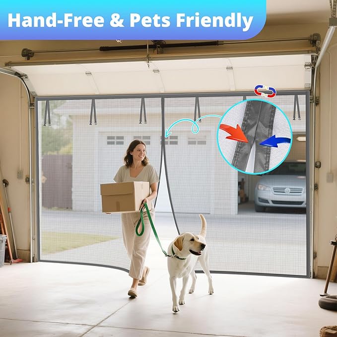 FEGO Grey Garage Door Screen for 2 Car 16x7FT, Magnetic Screen Doors with Retractable Fiberglass Mesh and Heavy Duty Weighted Bottom, Easy Assembly & Pass, Hands Free Screen Door for Entry Door