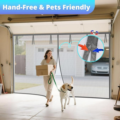 FEGO Grey Garage Door Screen for 1 Car 8x7FT, Magnetic Screen Doors with Retractable Fiberglass Mesh and Heavy Duty Weighted Bottom, Easy Assembly & Pass, Hands Free Screen Door for Entry Door
