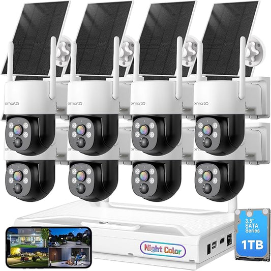 xmartO 0-Light Night Color Solar Security Camera System(8 Cameras), 2K HD Wireless PTZ, AI Tracking, WiFi6 Long Range, 10CH Expandable 4K NVR with 1TB HDD, HDMI Monitor, Mobile Access, 0 Monthly Fee