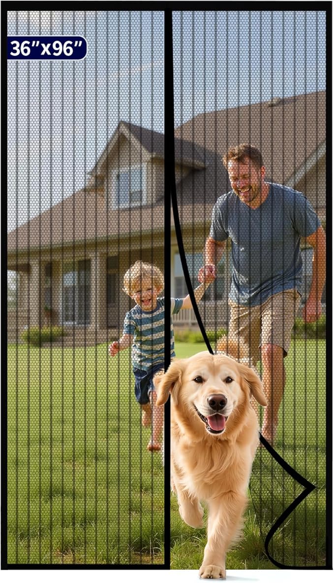Kitsure Magnetic Screen Door - 36.0 x 96.0 in Retractable Screen Door Mesh for Front Door or Sliding Door, Pet & Kid Friendly, Hands-Free Closure Keeps Bugs Out & Lets Breeze in, Stripe Black
