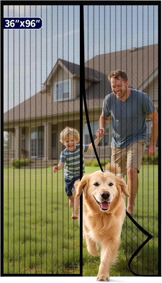 Kitsure Magnetic Screen Door - 36.0 x 96.0 in Retractable Screen Door Mesh for Front Door or Sliding Door, Pet & Kid Friendly, Hands-Free Closure Keeps Bugs Out & Lets Breeze in, Stripe Black