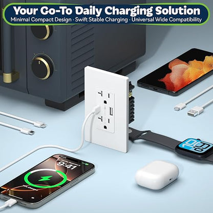 TOPGREENER USB Outlet, 4.2A Type C& Type A USB Wall Outlet, 20 Pack, White | 20 Amp Tamper Resistant Receptacle Plug, USB Outlets Receptacles, Charging Power Outlet, UL Listed, Wall Plate Included