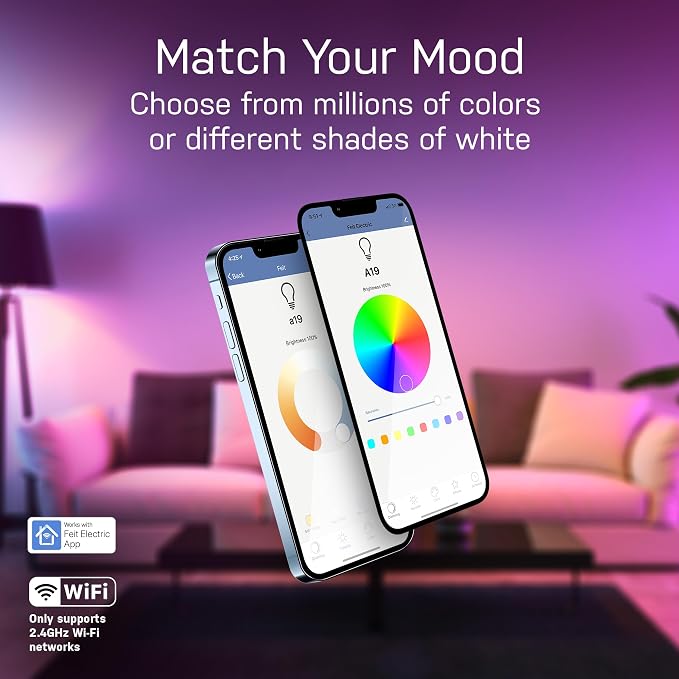 Feit Electric Smart Bulb, 100W Equivalent Color Changing & Tunable White, 2.4Ghz WiFi Light Bulb, Works with Alexa & Google Assistant, High CRI Dimmable LED OM100/RGBW/CA/AG, 1 Count (Pack of 12)