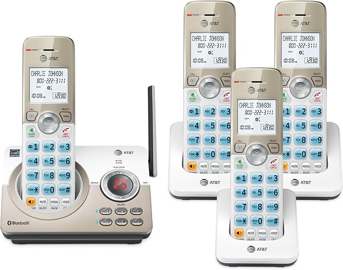 AT&T 4-Handset DECT 6.0 Expandable Cordless Home Phone with Large Display, Big Buttons, Answering Machine, Smart Call Blocker, Bluetooth Connect to Cell, Long Range, Caller ID, Speakerphone: DL72419