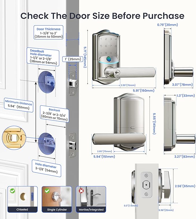 Veise VE029-E Wi-Fi Smart Lock with Handle & Non-Keyed Deadbolt, Fingerprint Keyless Entry Lock for Front Door, APP Remote Control, Keypad Electronic Digital Knob, IP65 Waterproof, Satin Nickel