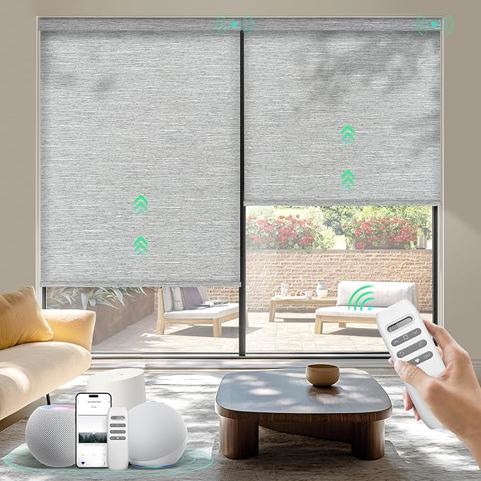 HeyBlinds Motorized Blinds with Remote, Smart Roller Shades with App & Voice Control, Work with Alexa Google HomeKit, Light Filtering Custom Shades for Living Room Office (Summer Haze-Greywind LF)