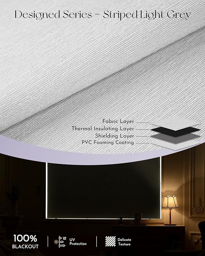 Graywind Smart Blackout Roller Shades Compatible with Alexa Google WiFi Hardwired Textured Gleaming Fabric Motorized Blinds Remote Window Shades, Custom Size (Striped Light Grey)