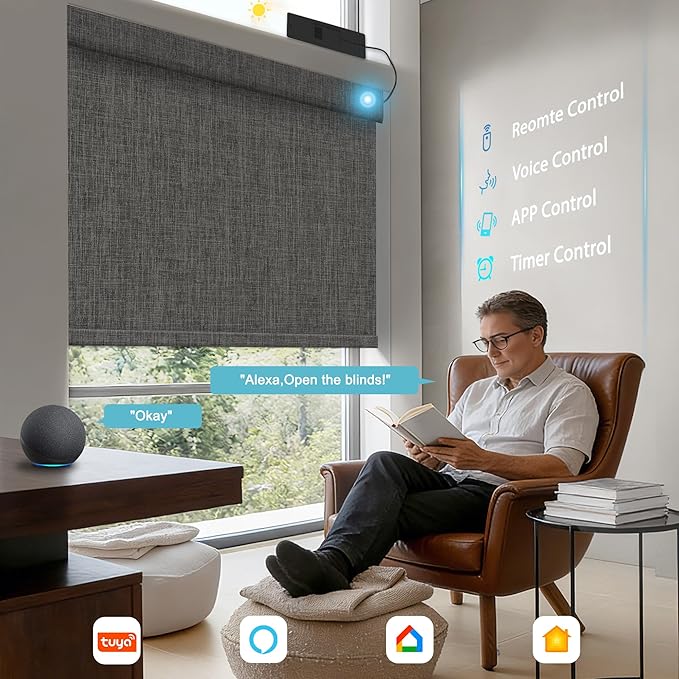 BERISSA Smart Motorized Blinds with Remote,No Drill Automatic Roller Blinds for Indoor Windows,Blackout Linen Fabric,Electric Shades for Windows Home Office,Double-Sided Dark Grey,Custom Size