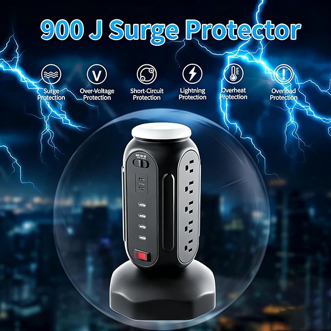 Power Tower with Retractable Cord, Surge Protector Tower with PD 30W USB-C (Single Port 30W/2 Ports 15W Each), 15 AC Outlets, 6.5ft Flat Plug, High-Power Fast Charging Station for Home and Office