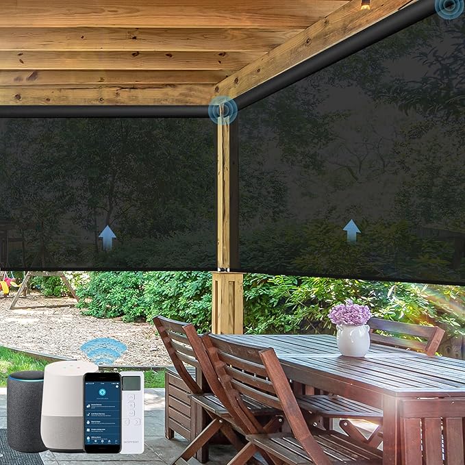 Motorized Outdoor Roller Shades,Patio Roll Up Blind Work with Alexa,Google Home,Apple Homekit,Remote Control Sun Shade,Waterproof &Windproof Smart Blinds for Porch,Sirus Black, 5% Openness