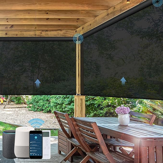 Motorized Outdoor Roller Shades,Patio Roll Up Blind Work with Alexa,Google Home,Apple Homekit,Remote Control Sun Shade,Waterproof &Windproof Smart Blinds for Porch,Sirus Black, 5% Openness