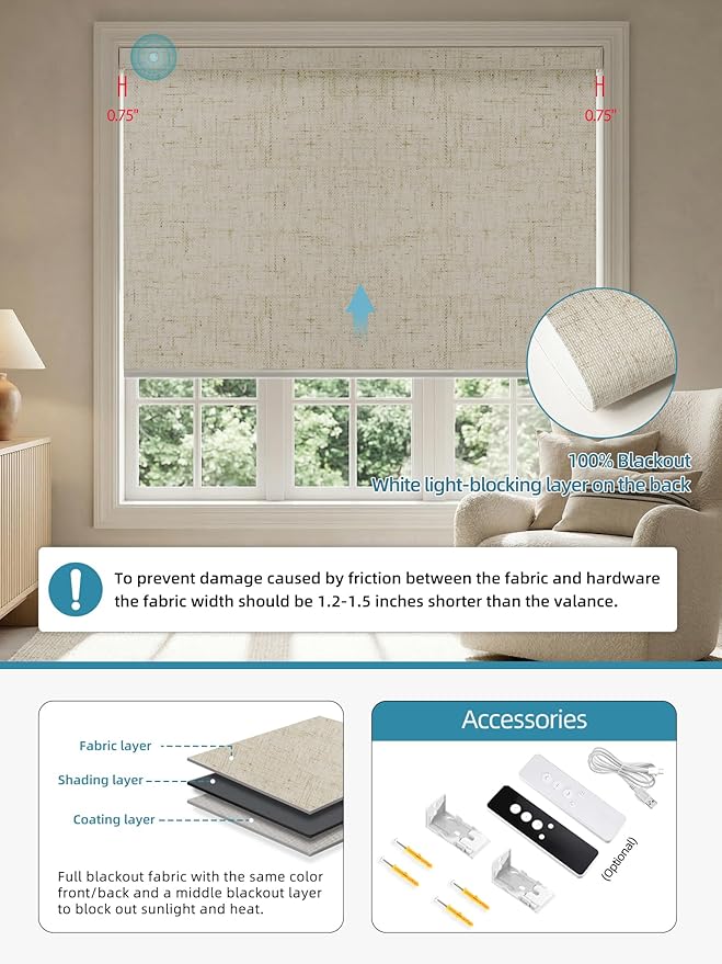 SmartWings Motorized Smart Blinds with Remote, Custom Automatic 100% Blackout Roller Shade Compatible with Alexa/Homekit/Google, Electric Smart Blinds for Indoor Windows, Linen Stone