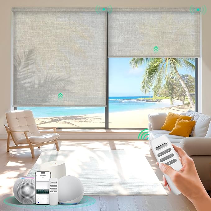 HeyBlinds Motorized Blinds with Remote, Smart Roller Shades with App & Voice Control, Work with Alexa Google HomeKit, Light Filtering Custom Window Shades for Living Room Office (Grace-Latte LF)