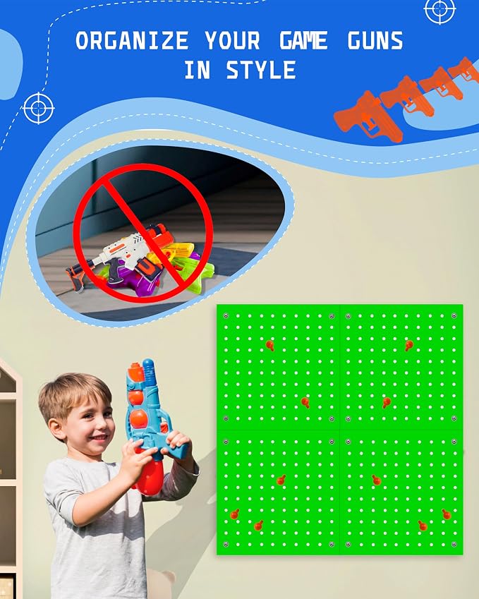 Wooden Peg Board for Nerf Gun Storage Organizer 13 x 13 x 0.31 In - Green | 4 MDF Panels, 20 Wooden Pegs, Compatible with All Blasters Nerf Gun Rack Organizer for Wall Organization
