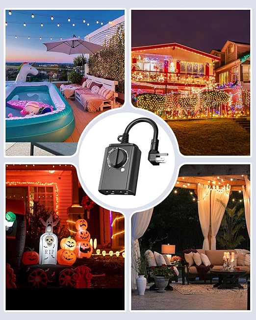 BN-LINK Outdoor Light Timer, RF Remote, Dusk+Countdown, 2 Grounded Outlets