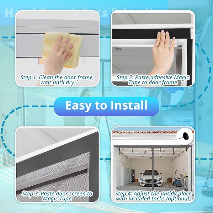 FEGO Grey Garage Door Screen for 1 Car 8x7FT, Magnetic Screen Doors with Retractable Fiberglass Mesh and Heavy Duty Weighted Bottom, Easy Assembly & Pass, Hands Free Screen Door for Entry Door