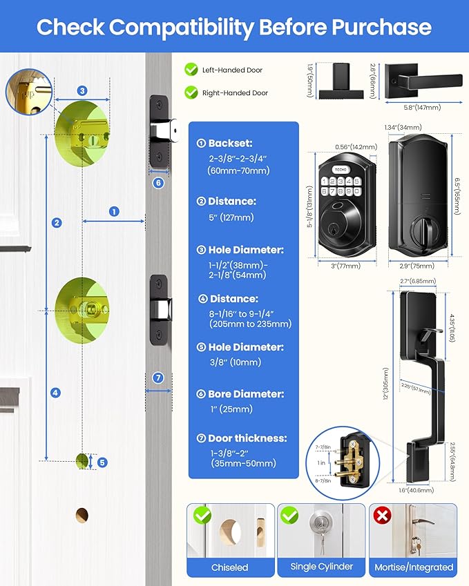 TEEHO TE012W-H WiFi Keypad Door Lock with Handle Set, Fingerprint Smart Locks, Front Door Keyless Entry, APP Remote & Voice Control, Digital Deadbolt with 2 Keys, Auto-Lock, Easy Install, Matte Black