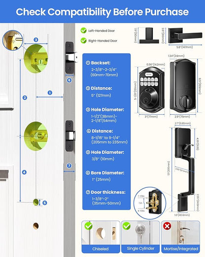TEEHO TE012W-H WiFi Keypad Door Lock with Handle Set, Fingerprint Smart Locks, Front Door Keyless Entry, APP Remote & Voice Control, Digital Deadbolt with 2 Keys, Auto-Lock, Easy Install, Matte Black