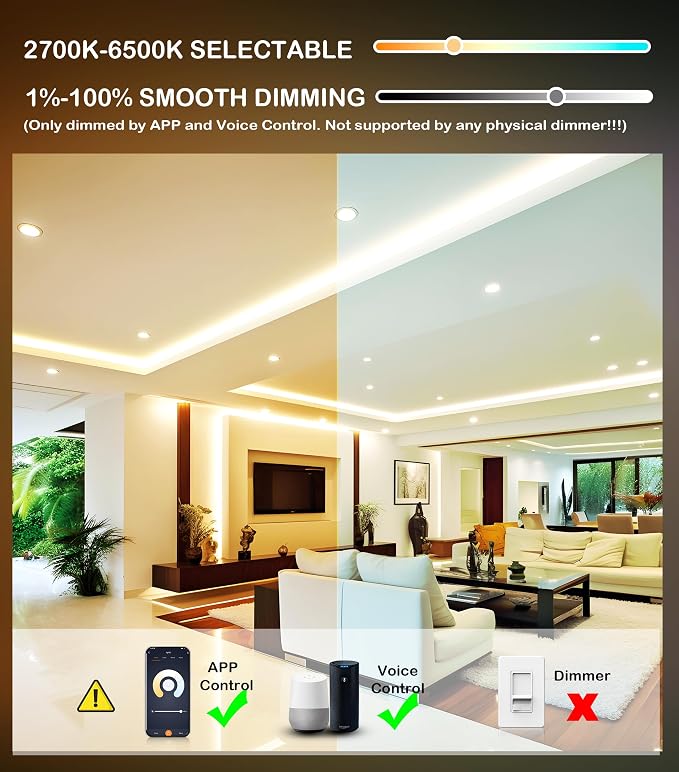 CLOUDY BAY [4 Pack 6inch Smart WiFi LED Recessed Lights,RGBCW Color Changing Recessed Lighting,Compatible with Alexa and Google Home Assistant,No Hub Required,15W 2700K-6500K,CRI90+ Wet Location