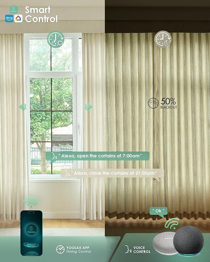 Yoolax Motorized Curtains with Remote, Blackout Curtains with Voice Control, Smart Retractable Shades for Living Room, Bedroom, Compatible with Alexa Google Home, APP Control, Custom Size, Beige